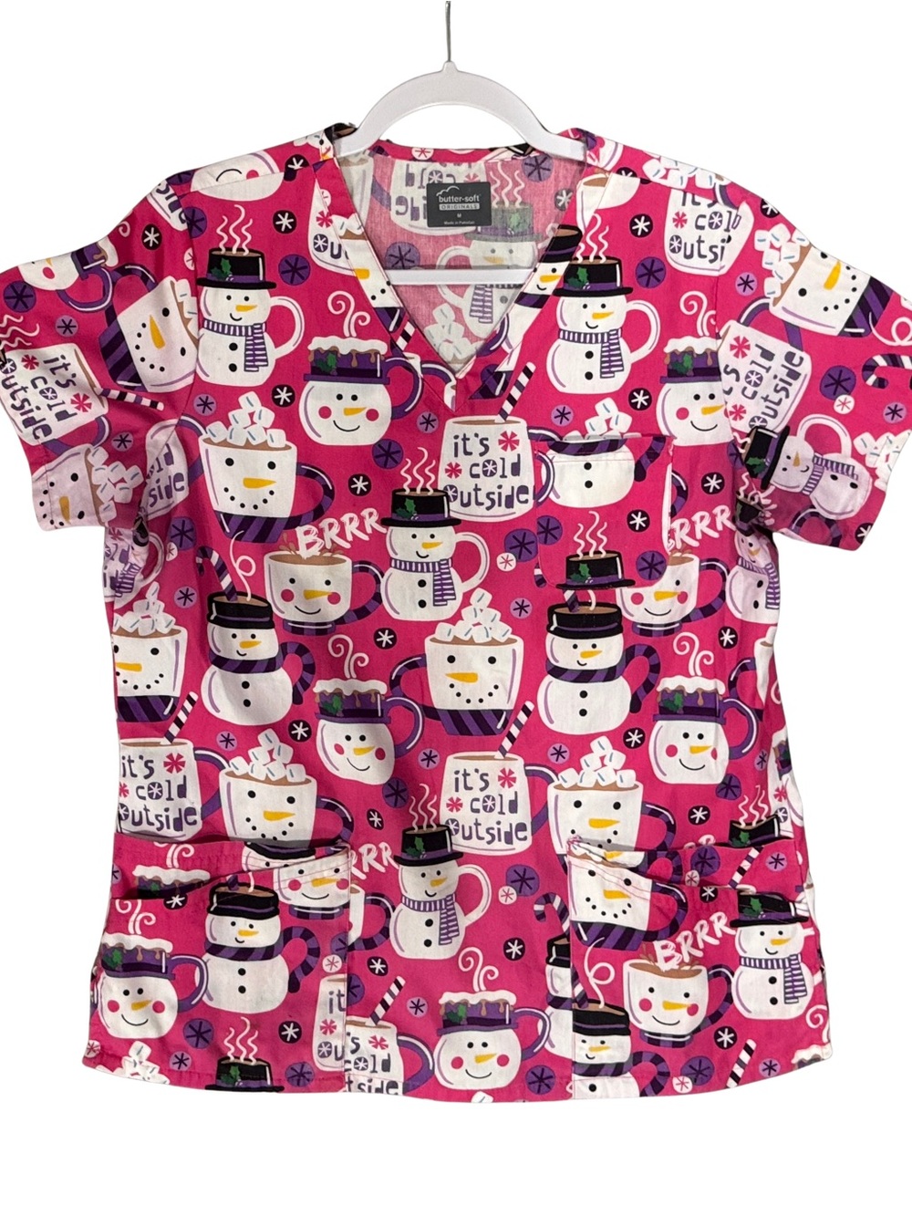 Butter-Soft Pink Holiday Print Scrub Top with Snowman & Cocoa Motif